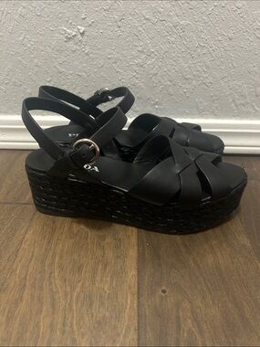 Prada Black Leather Woven-Platform Sandals